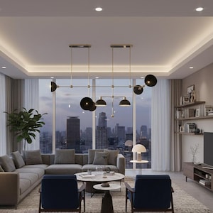 Mid Century Modern Brass Chandelier – 7 Light Linear Sputnik Pendant Light