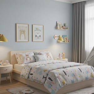 May include: A light wood bed with a patterned comforter and pillows. The bedding features a whimsical design with pastel colors. Two framed pictures hang above the bed. A small side table and a teepee are also in the room.