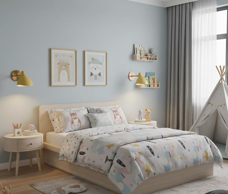 May include: A light wood bed with a patterned comforter and pillows. The bedding features a whimsical design with pastel colors. Two framed pictures hang above the bed. A small side table and a teepee are also in the room.