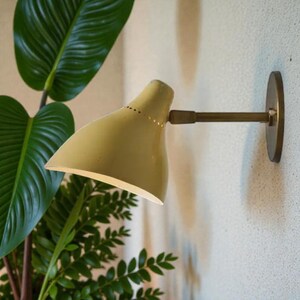 May include: A wall-mounted lamp with a pale yellow shade and a brass arm and mounting plate. The lamp is positioned against a textured white wall, with green foliage in the foreground.