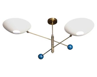 Mid Century Modern Brass Sputnik Chandelier | Blue Accent Lighting