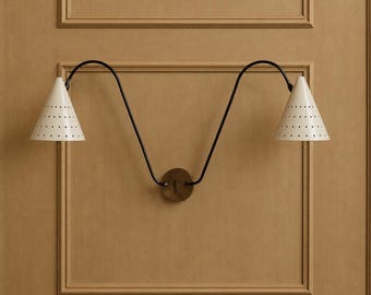 Handmade Brass Double Arm Sconce | Perforated Metal Shades, Mid Century Modern Lamp | Adjustable Wall Light