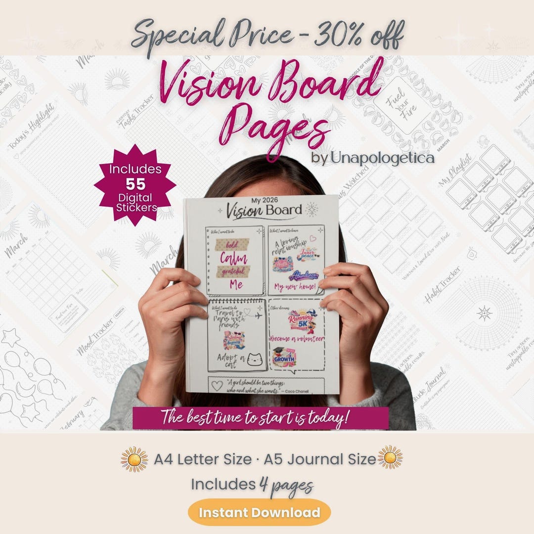 Vision Board | Template and Printable Kit | Dream Journal Pages ...