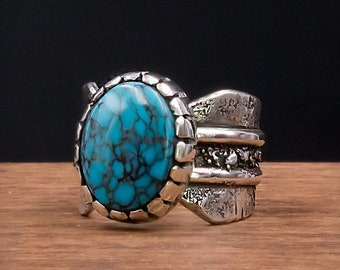 Turquoise Ring, Size 8, Sterling Silver, Gemstone Rings for Women, Rustic Wide Band Ring