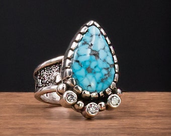 Turquoise & Diamond Ring, Size 7-1/4, Sterling Silver, Gemstone Rings for Women, Rustic Wide Band Ring