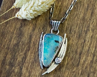 Australian Boulder Opal & Diamond Sterling Silver necklace - Unique Statement Jewelry for Women