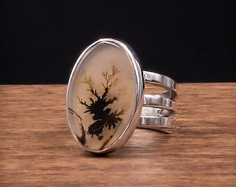 Dendritic Agate Ring, Size 8, Sterling Silver, Gemstone Rings for Women, Wide Band Ring