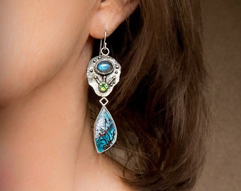 Chrysocolla Gem Silica and Labradorite Sterling Silver Earrings, Drop and Dangle Earrings, Boho Earrings, Handmade Jewelry