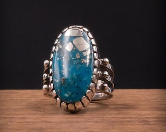 Turquoise Ring, Size 8-1/4, Sterling Silver, Gemstone Rings for Women, Rustic Wide Band Ring