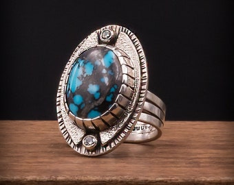 Turquoise & Moisannite Ring, Size 9, Sterling Silver, Gemstone Rings for Women, Rustic Wide Band Ring