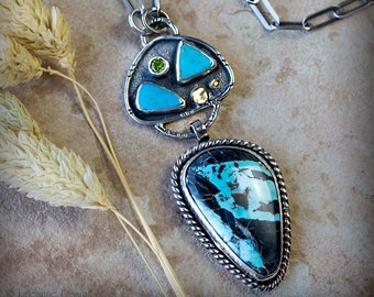 Blackjack Turquoise Necklace Sterling Silver, Statement Necklace, BOHO Jewelry, Longer Chain
