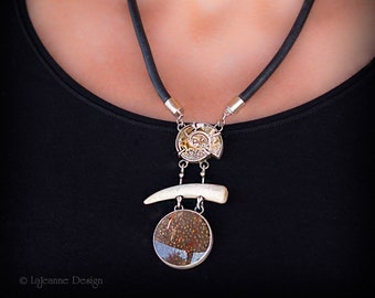 Palm Root, Bone, Fossil Snail Shell Necklace, Leather Cord  - Unique Statement Jewelry for Women