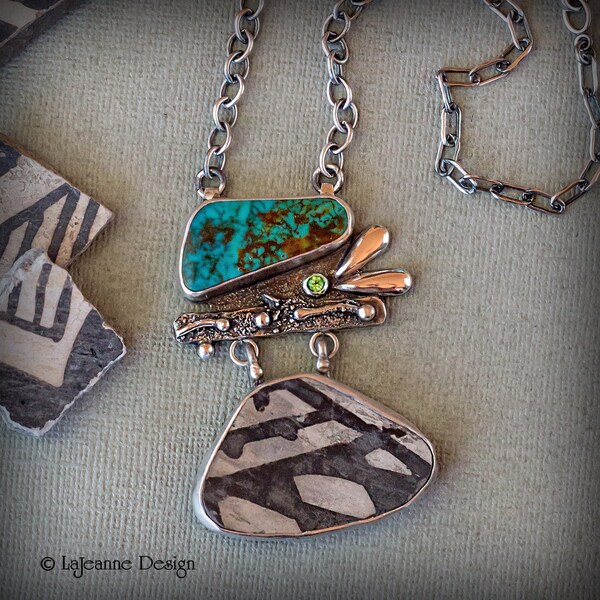 Anasazi Pottery Shard Necklace, Sterling Silver Turquoise Jewelry, Unique Women's Accessory