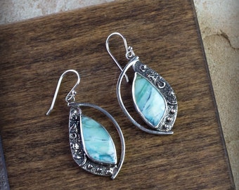 Opalized Wood Textured Sterling Silver Earrings, Long Earrings, Drop and Dangle Earrings, Boho Earrings, Handmade Jewelry