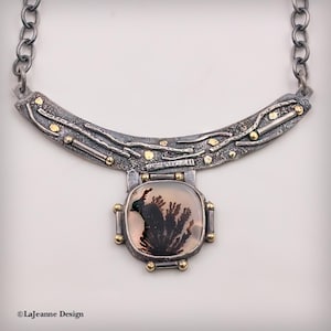 Dendritic Agate Sterling Silver Necklace, Mixed Metal Necklace, 18K Gold, Oxidized Silver Chain