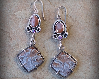 Crazy Lace Agate and Peach Moonstone Sterling Silver Earrings, Long Drop Earrings, Boho Earrings, Handmade Jewelry