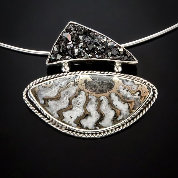 Mesozoic - Pyritized Ammonite with Druzy Sterling Silver Necklace