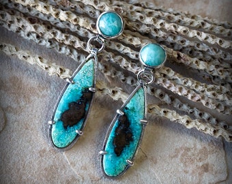 Blue Opalized Wood Earrings, Amazonite Sterling Silver Statement Earrings, Handmade Jewelry, Post Back