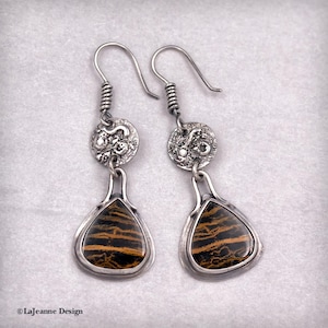 Zebra Petrified Wood Drop Sterling Silver Statement Earrings