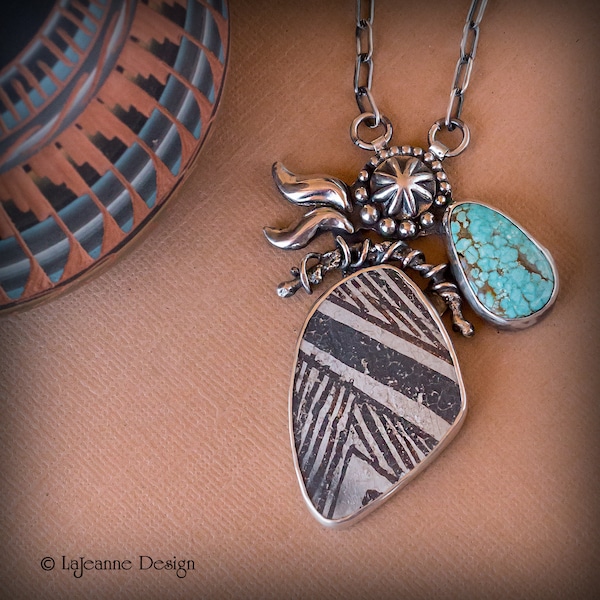 Anasazi Pottery Shard Necklace, Sterling Silver Turquoise Jewelry, Unique Women's Accessory