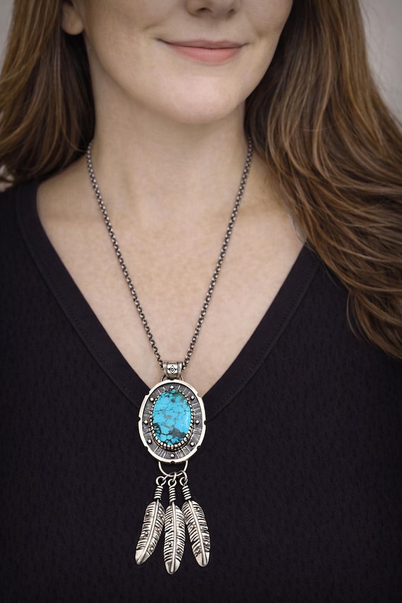 Turquoise Necklace Sterling Silver Feather Pendant, Southwest Jewelry, Handmade Artisan Necklace, Long Chain Necklace, Gift For Her