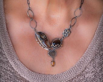 Turkish Stick Agate, Smoky Quartz Sterling Silver Pendant Necklace with 18K Gold, OOAK, Multi-Stone