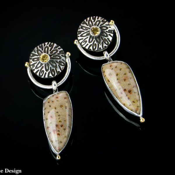 MAJESTIC - Petrified Palmwood with Citrine and 22K Gold Sterling Silver Earrings