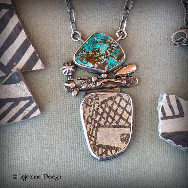 Anasazi Pottery Shard Necklace, Sterling Silver Turquoise Jewelry, Unique Women's Accessory