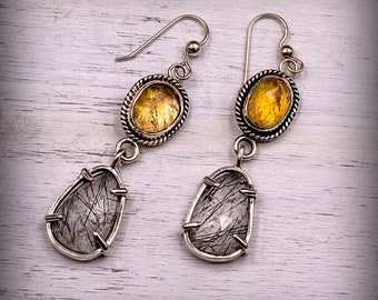 Black Rutilated Quartz and Citrine Sterling Silver Statement Earrings, Handmade Jewelry