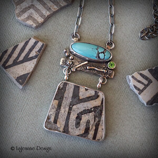 Anasazi Pottery Shard Necklace, Sterling Silver Turquoise Jewelry, Unique Women's Accessory