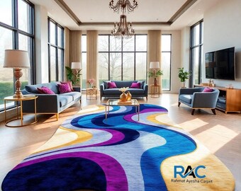 Modern Abstract Circle Tufted Rug  Bold Orange & Black Handmade Floor Art Luxury Home Decor