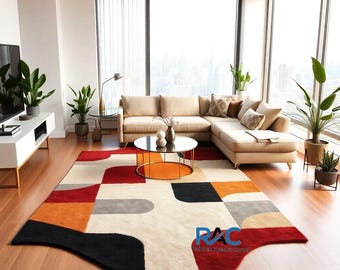 Abstract Rug with Red Orange Black White and Gray Geometric Shapes