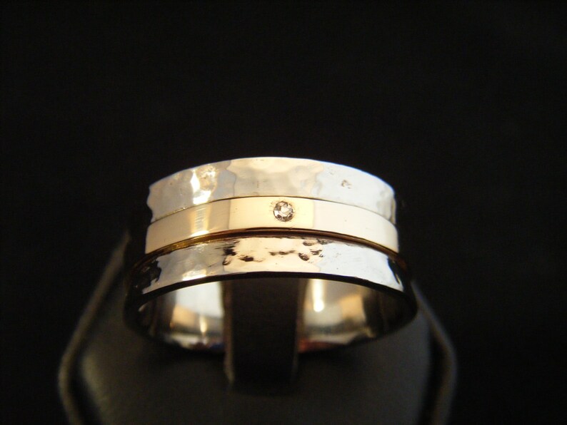 Hammered Silver and 14 karat Gold diamond ring band / sterling Etsy