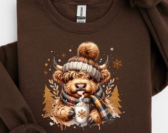 Cute Cow Sweatshirt, Hot Chocolate & Cow Crewneck, Winter Cold Sweatshirt, Animal Lover Xmas, Funny Xmas, Western Cozy Christmas