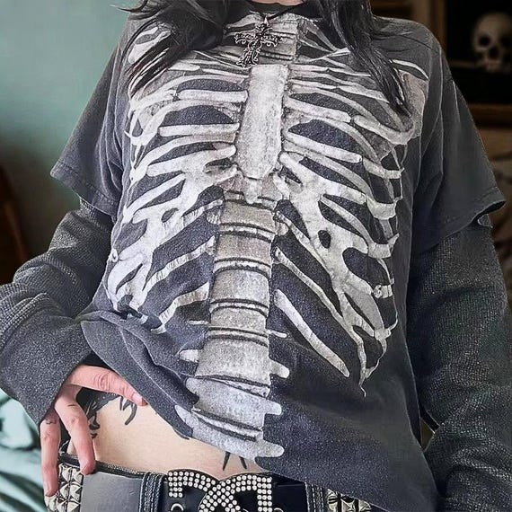 Y2K Skeleton Long Sleeve T-shirt, Grunge Emo Cyber Goth Emo Alt