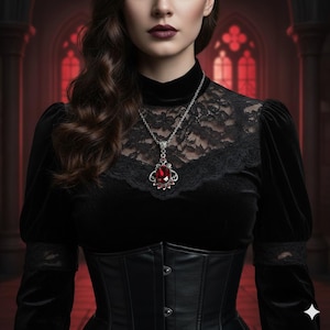 Pode incluir: Top de veludo preto com detalhes em renda e um colar de prata com um grande pingente de pedra vermelha. A roupa inclui um espartilho preto. O fundo é um interior vermelho desfocado.