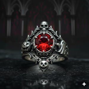 May include: A silver ring featuring a large, round, red gemstone. The ring is adorned with skull, pumpkin, and ghost motifs, with intricate filigree detailing. The ring has a gothic or Halloween theme.