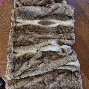 May include: A rectangular faux fur scarf featuring a multi-tonal brown and cream pattern. The plush fabric displays horizontal bands of dark brown, light brown, and cream colors with a soft, textured appearance throughout the entire piece.