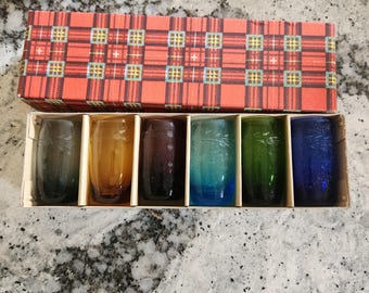 Vintage Etched Colored Shot /Whiskey Glasses – Korea – In original box - NOS