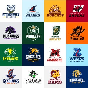 Puede incluir: Una colección de dieciséis logotipos de equipos deportivos dispuestos en una cuadrícula, con varias mascotas que incluyen bulldogs, tiburones, linces, cuervos, mustangs, pioneros, avispones, piratas, halcones, grizzlies, chargers, víboras, gladiadores, renegados, carneros y leones.