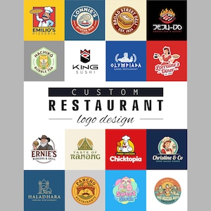 Puede incluir: Una colección de diseños de logotipos de restaurantes personalizados con varios iconos coloridos y tipografía. El texto central dice CUSTOM RESTAURANT logo design. La cuadrícula muestra diversos gráficos de marca para pizzerías y cafés.