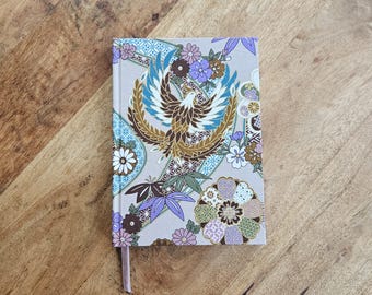 Diario A5 hecho a mano, tapa dura (morado fénix), 180 páginas, papel FSC de 120 g/m², algodón con impresión japonesa, rayado/punteado/en blanco.