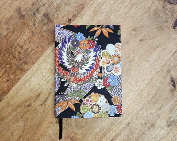 Handmade A5 Journal Hardcover - (Phoenix Black) – 180 Pages, 120gsm FSC Paper, Japanese printed Cotton, Lined/Dotted/Blank
