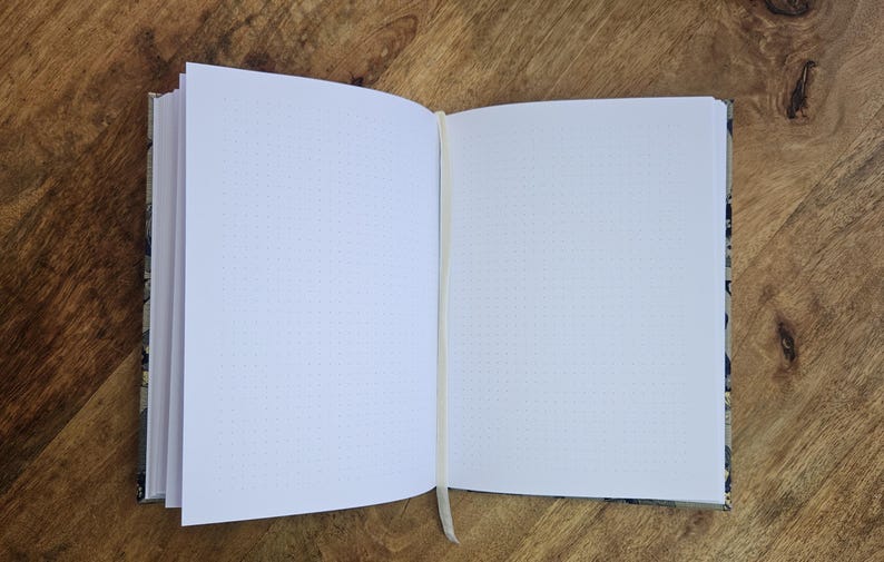 K&ouml;nnte beinhalten: Offenes Notizbuch mit Punktrasterseiten und einem cremefarbenen Schleifen-Lesezeichen. Das Notizbuch liegt offen auf einer Holzoberfl&auml;che. Der Einband hat ein schwarz-wei&szlig;es Muster.