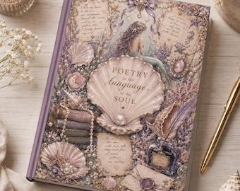Diario de poesía de sirenas, cuaderno estilo cottagecore costero, diario de escritura con conchas marinas, diario inspirado en el océano, regalo para amantes de las sirenas, diario de fantasía