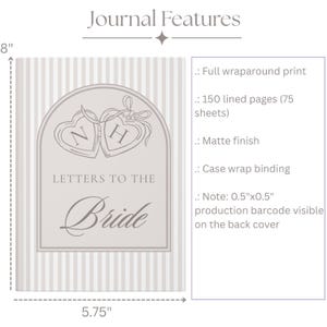 Puede incluir: Un diario con el texto "Letters to the Bride" en la portada. La portada presenta dos dise&ntilde;os en forma de coraz&oacute;n con las letras "N" y "H". El diario mide 20.3 cm de alto y 14.6 cm de ancho, con una impresi&oacute;n envolvente completa y 150 p&aacute;ginas rayadas.