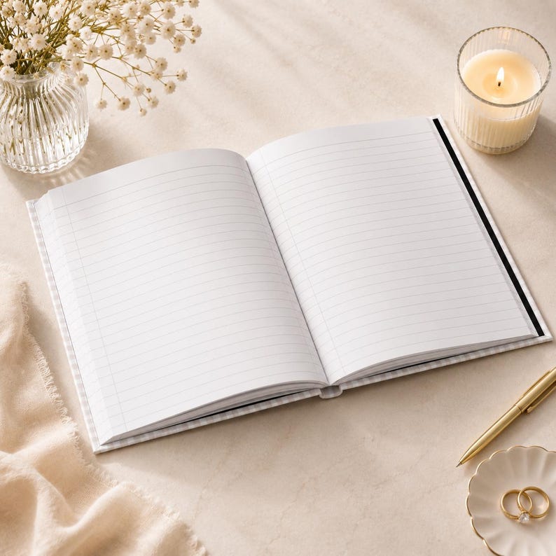 Puede incluir: Un cuaderno abierto con p&aacute;ginas rayadas y una cubierta blanca. Una vela encendida en un portavelas de vidrio, un bol&iacute;grafo dorado y un plato peque&ntilde;o con dos anillos de oro tambi&eacute;n est&aacute;n presentes. Un peque&ntilde;o jarr&oacute;n de vidrio con flores blancas est&aacute; en el fondo.