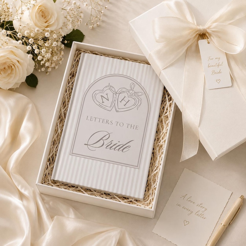 Puede incluir: Una caja de regalo blanca con un lazo contiene un libro titulado "Cartas a la novia". El libro tiene una cubierta a rayas con un dise&ntilde;o de coraz&oacute;n. Una etiqueta dice "Para mi hermosa novia". Tambi&eacute;n hay un bol&iacute;grafo y una tarjeta.