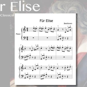 Op de afbeelding: Muziekblad voor "Für Elise" van Ludwig van Beethoven. De titel staat bovenaan, met muzieknoten en notenbalken zichtbaar. De woorden "and other Classical" zijn ook aanwezig. De achtergrond toont een portret.