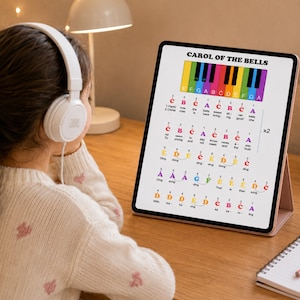 Carol of the Bells beginner piano tutorial with color coded notes, letter notation, finger numbers, lyrics, and an easy visual keyboard guide. This printable PDF, MP3, and MP4 bundle is ideal for children, adults, homeschool music programs, and beginner pianists looking for an engaging and effective way to learn this timeless Christmas classic.